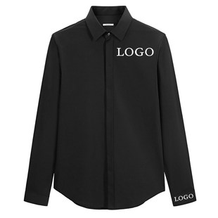 暗扣暗门襟长袖衬衫男定制LOGO绣花印字理发店服装发型师黑色衬衣