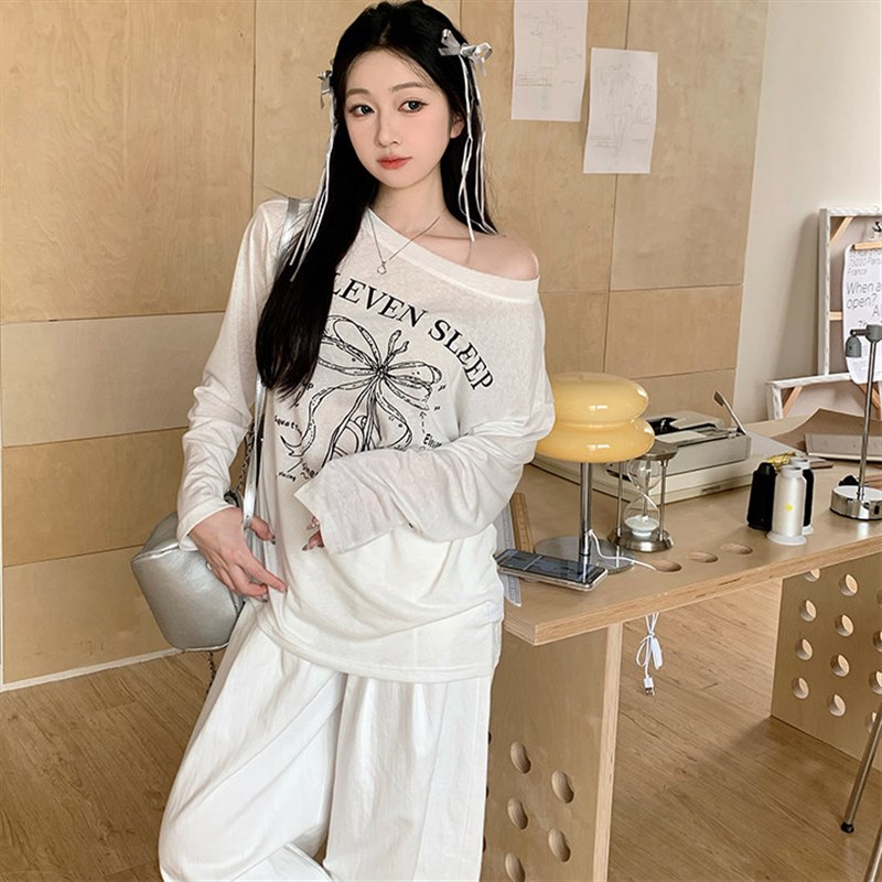 铅笔莓莓 韩系涂鸦抽褶T恤女长袖宽C松小众设计感防晒罩衫2025新