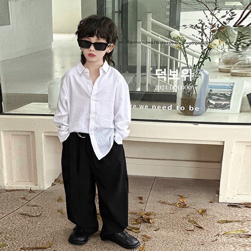 儿童长袖衬衫2024春季新款男童设计感白色衬衫高级宽松慵懒衬衣潮