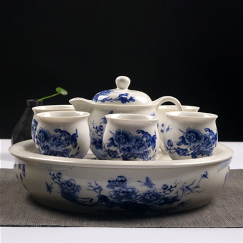 青花瓷双层茶具套装家用简易圆形储水陶瓷茶盘茶台大号防烫茶杯