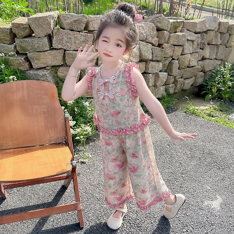女小童木耳花边j套装夏款洋气女宝宝阔腿裤夏装小女孩碎花两件套