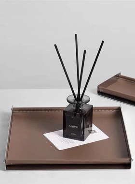 现代简约棕色灰色金属皮质方形托盘样板间售楼处客厅餐厅收纳摆件