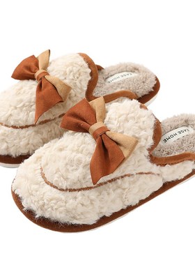 韩版蝴结拖鞋女冬季居棉蝶家室内滑可爱毛绒情侣保暖31982软底可