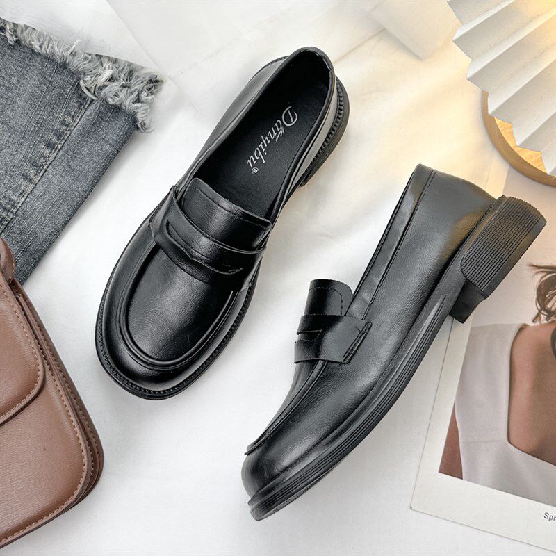 黑色小皮鞋女平底英伦风乐u福鞋一脚蹬单鞋春秋季百搭配西裤不累