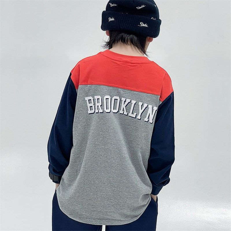 2024春款男童美式棒球数字印花长袖T恤儿童宽松撞色拼接打底衫潮