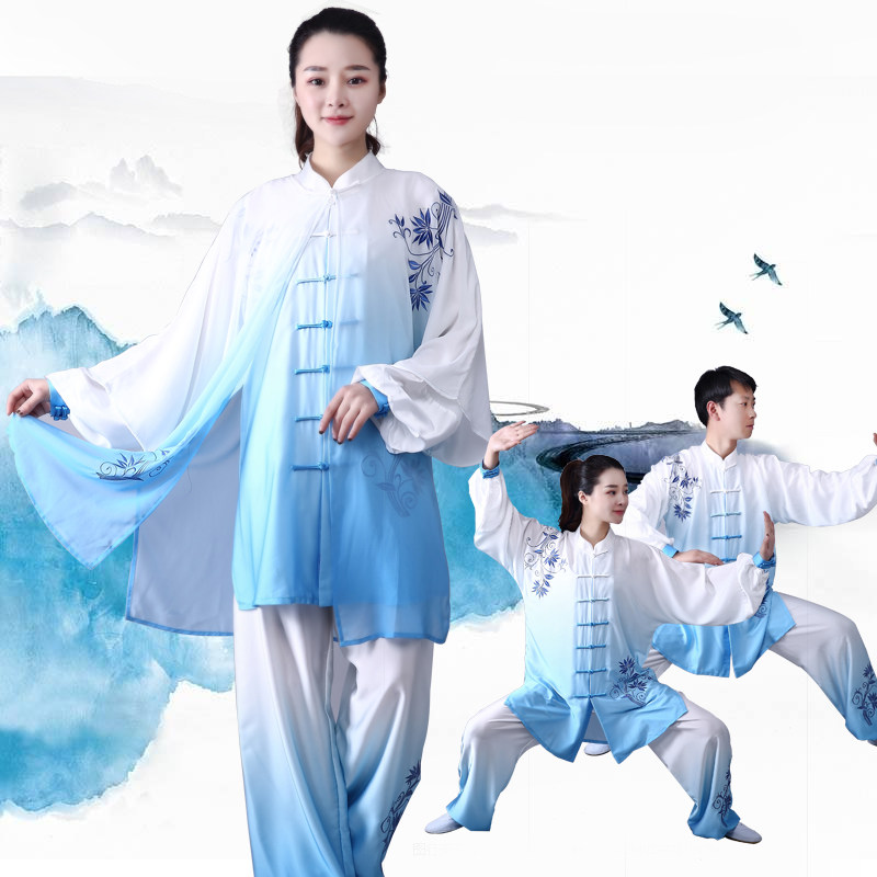 太极服女长版弹力丝绸渐层青花瓷刺绣练功服男R武术比赛表演服装