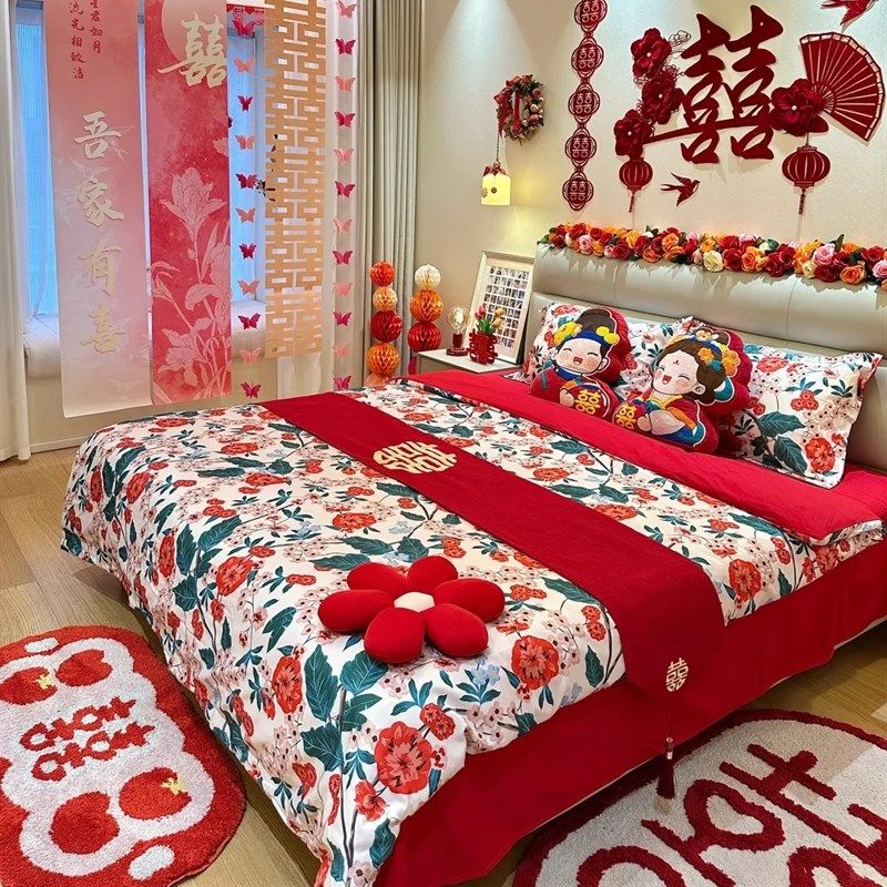 简约印花100支婚庆四件套2025新款红色被套新婚床单结婚床上用品4