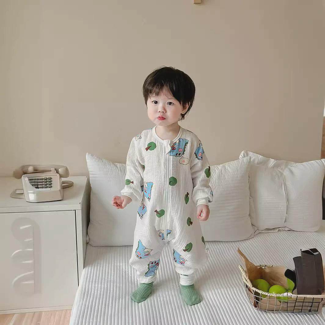 024春款儿童连体衣薄款长袖纱布睡袋男女棉宝宝透气爬服新款