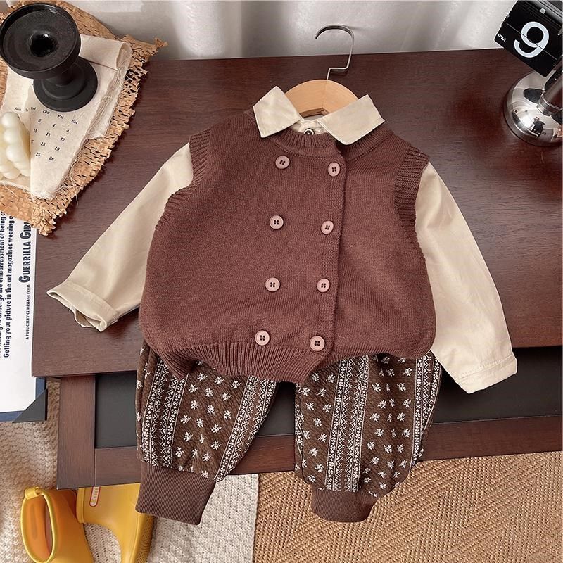 男童春装套装2025新款帅气时髦潮宝宝毛衣三件套春秋季婴儿童男孩