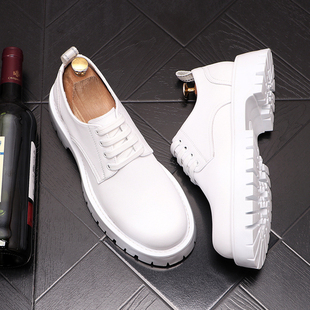 男鞋子新款时尚低帮皮鞋个性圆头休闲鞋厚底增高大头鞋白色单鞋男