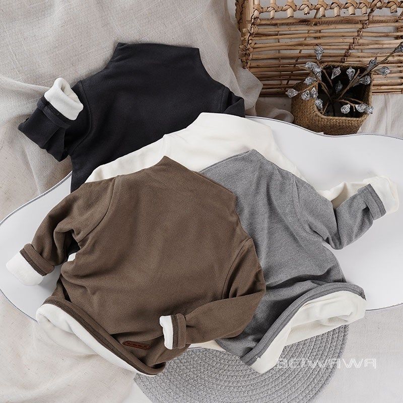 软的象云朵~儿童徳绒保暖半高领打底T恤 男女宝宝加绒软弹体恤衫