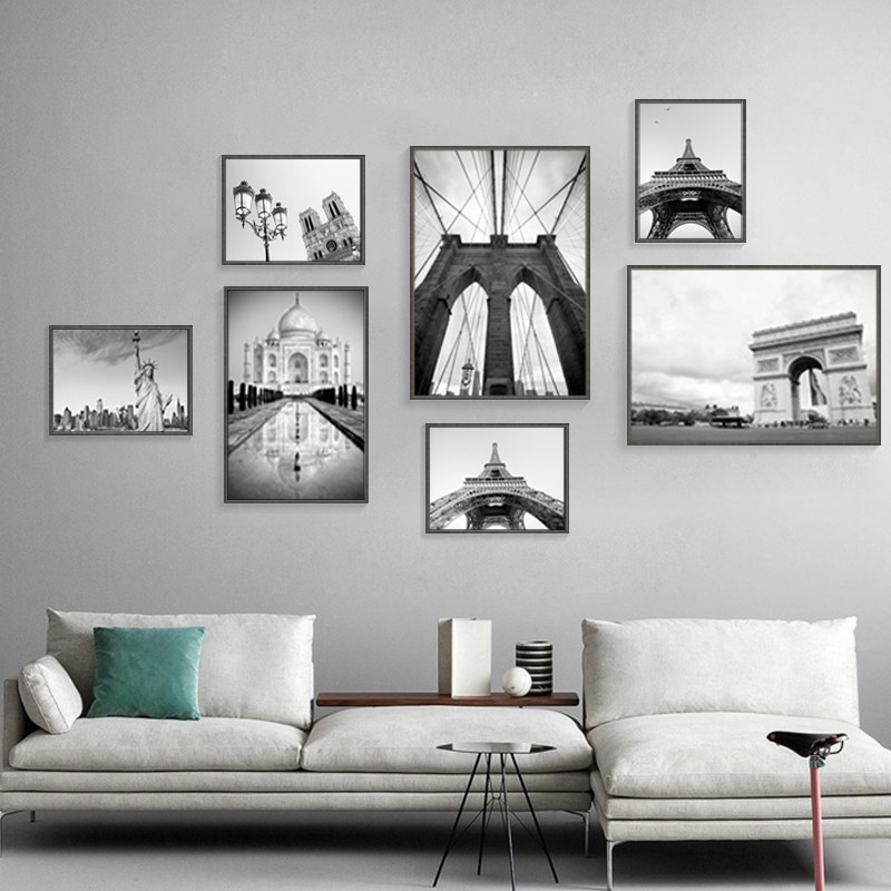 黑白城市摄影装饰画客厅沙发背景墙餐厅组合壁画卧室建筑风景挂画