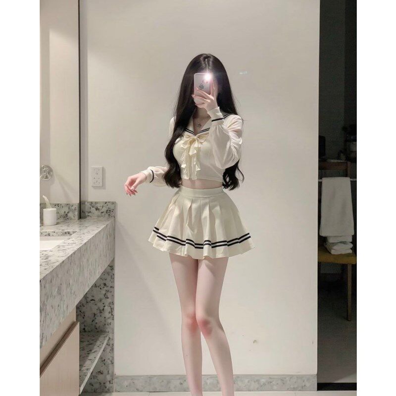 学院风甜美气质御姐JK制服短款长袖衬衫T恤半身蓬W蓬裙两件套装女