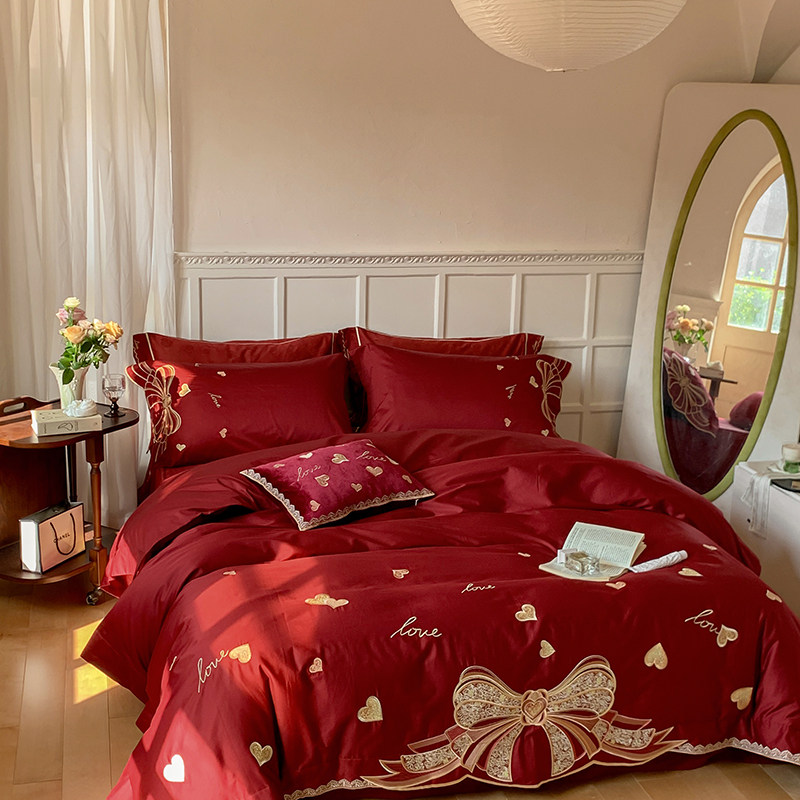 大红喜庆100支长绒棉四件套纯全棉婚庆被套结婚订婚床单床上用品