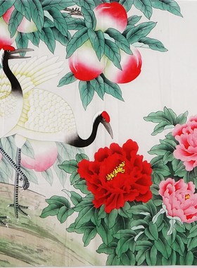 工笔画国画寿桃装饰画手绘花鸟画三尺玄关客厅挂画字画秦薇01129