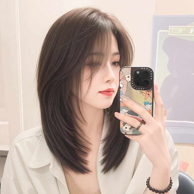 短发假发女全头套前n额蕾丝中分锁骨发仿真发中长发日常整顶假发