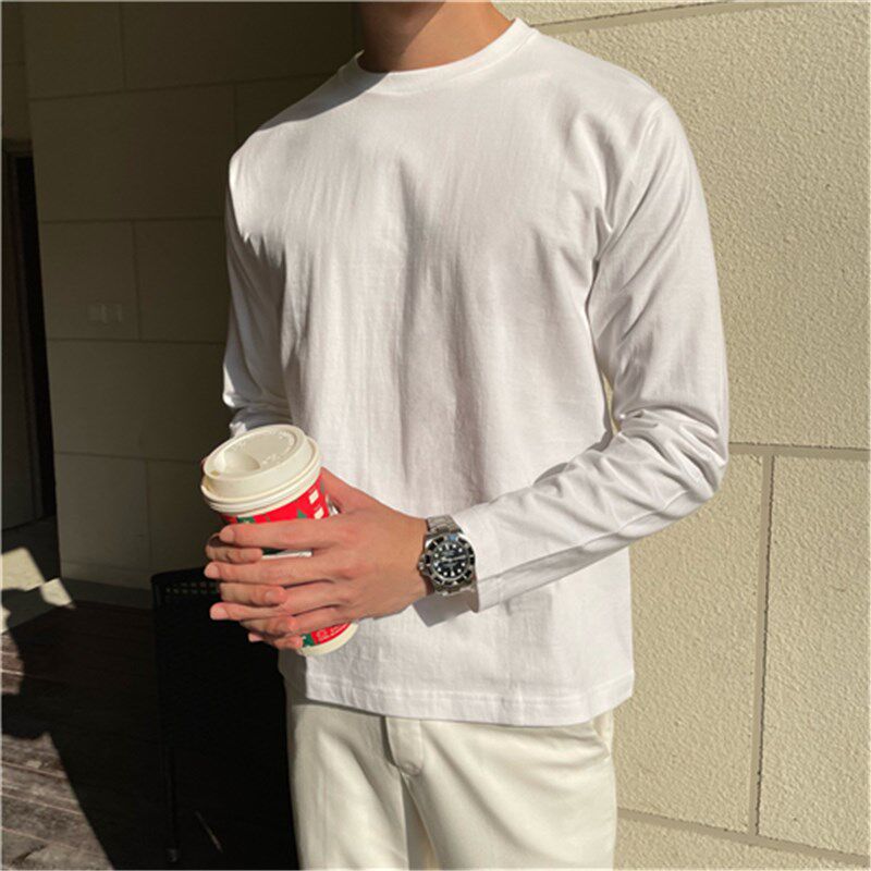 韩版圆领T恤长袖打底衫男女白色宽松休闲t 基础打底白色长袖