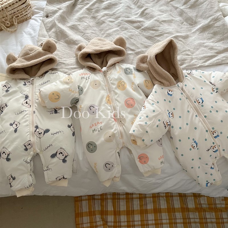 ins婴儿加绒连体衣棉服冬季装可爱卡通加厚韩版S男女宝宝保暖爬服
