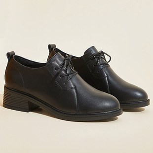 秋冬加绒黑色深口系带皮鞋圆头粗跟4cm女单鞋职业工鞋面试正装鞋