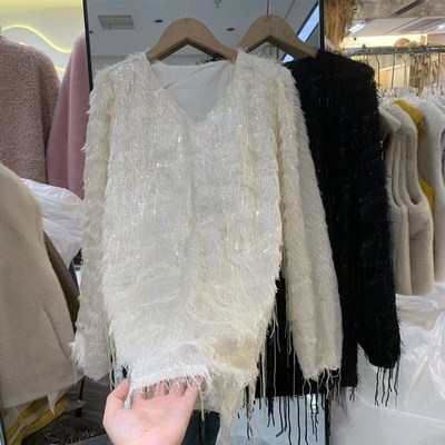 欧货V领重工亮片流苏长袖衬衫女2025春季新款气质套头中长小衫仙