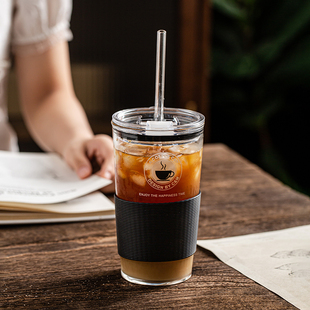 密封吸管杯成人冷萃咖啡杯ins风大容量J玻璃水杯办公室带盖喝水杯