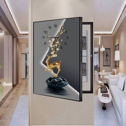现代简约电表箱装饰画带时钟钟表遮挡电闸箱竖款免打孔弱电箱壁画