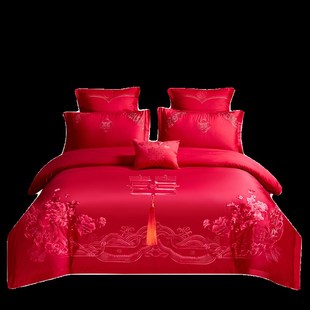 结婚庆大红色铺盖牀上四件套全棉绣花被罩套牀单式新婚房牀品