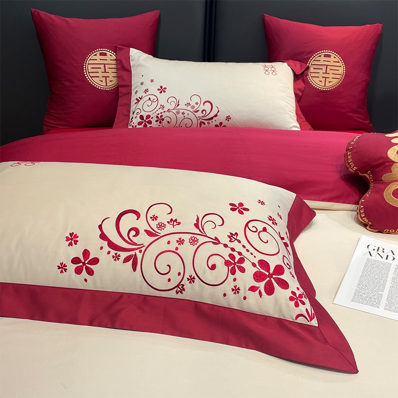 高级感160支长绒棉结婚四件套红色婚庆被套床单喜被床上用品4