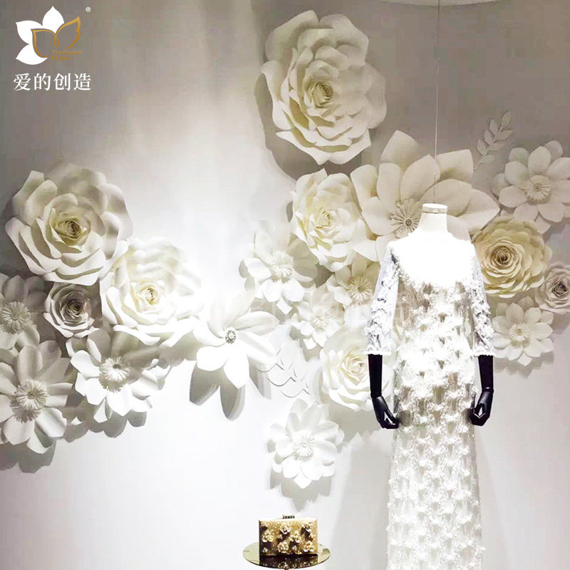 手工纸艺花影楼服装店橱t窗花装饰背景花花墙立体白色纸花卡纸花