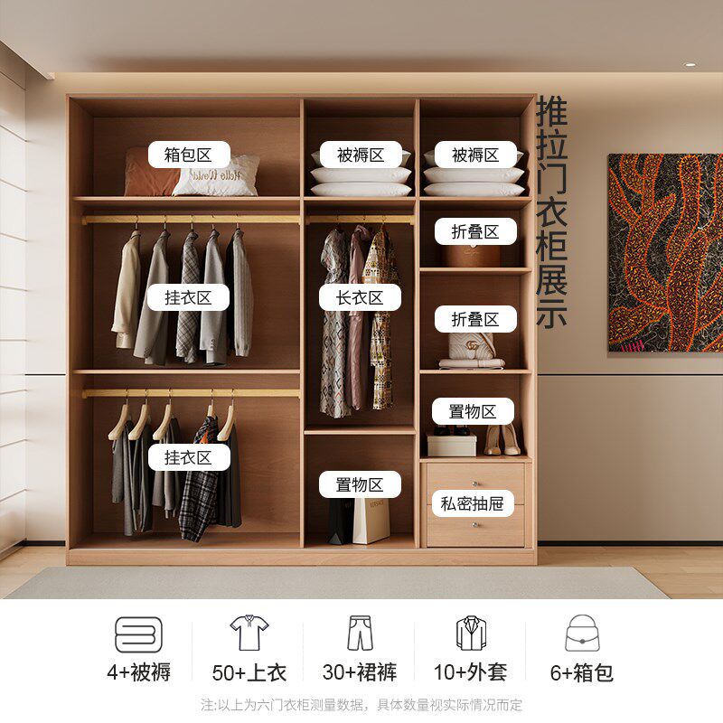 定制全实木原木风推拉门衣柜家用卧室收纳储物柜移门衣橱橡木柜子