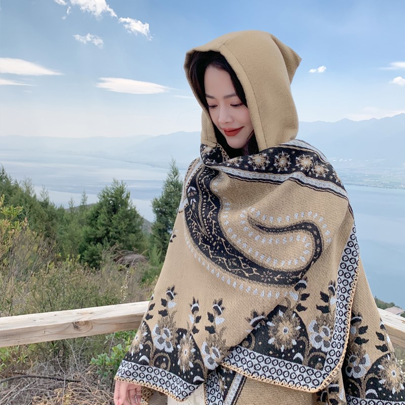 加厚连帽开叉夏季爬山旅游防寒披肩斗篷外搭新款居家老人护肩披毯