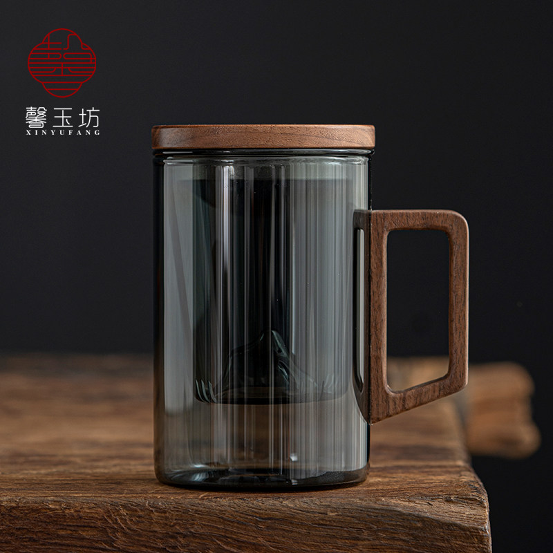 个人泡茶杯有手把带茶叶过滤内A胆胡桃木高档男女士办公室玻璃水