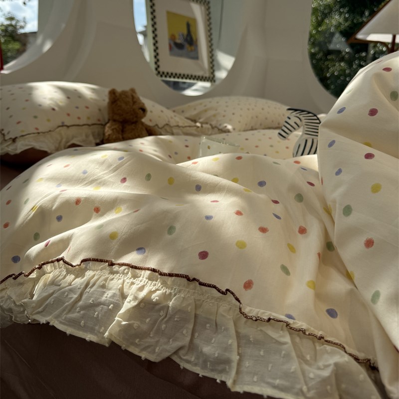 ins彩色波点床上四件套蕾丝花边全棉纯棉文艺1.5m1.8米被套床单三