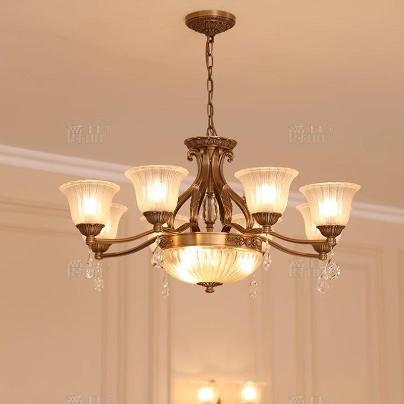 美式客厅水晶吊灯 别墅复式楼客厅吊灯餐厅卧室玻璃灯罩全铜灯具,家装灯饰光源,客厅吊灯,淘宝优惠券,粉丝福利购,淘宝优惠卷