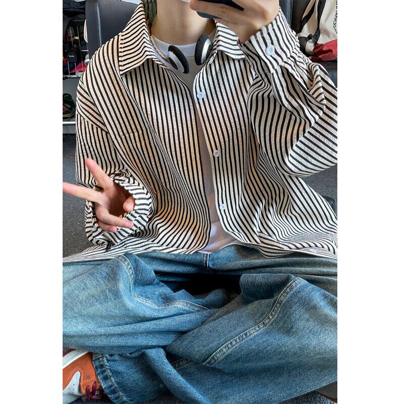 黑白竖条纹长袖衬衫男2025新款春秋季日系cityboy青少年衬衣大码