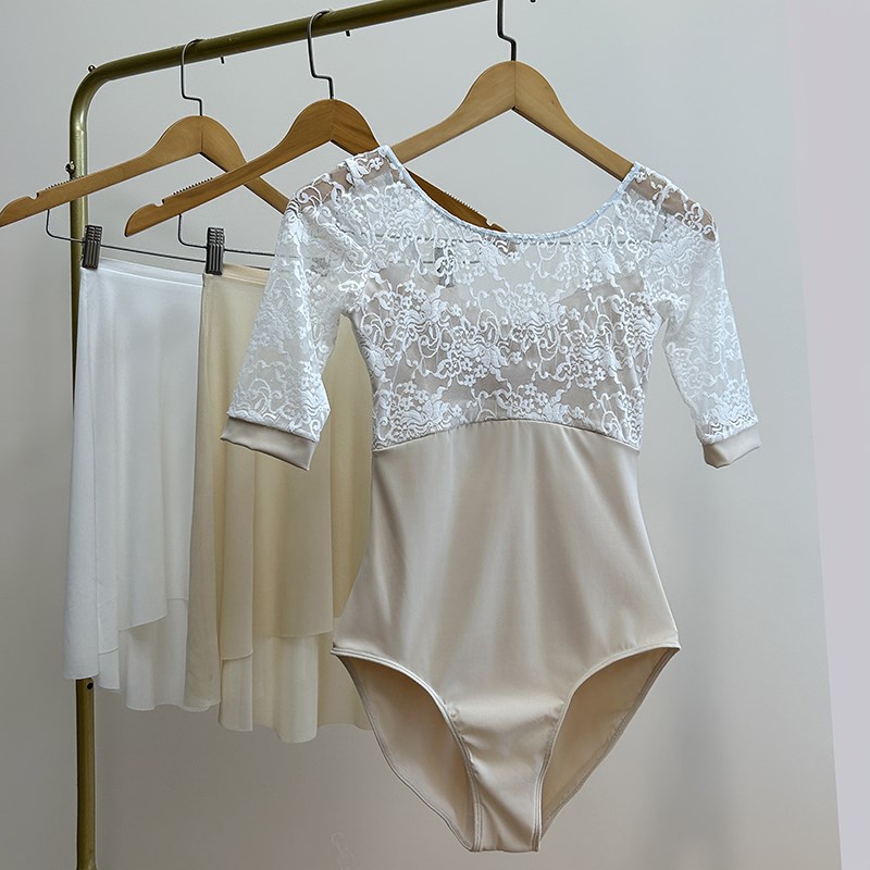 兰铂舞蹈练功服女成人蕾丝中袖形体基训服连体体操服空中瑜伽服
