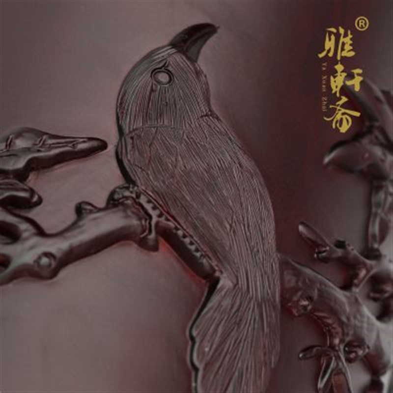 沉贵宝木浮雕 红木雕刻喜鹊报喜笔筒客厅摆件 实木质原木制工艺品