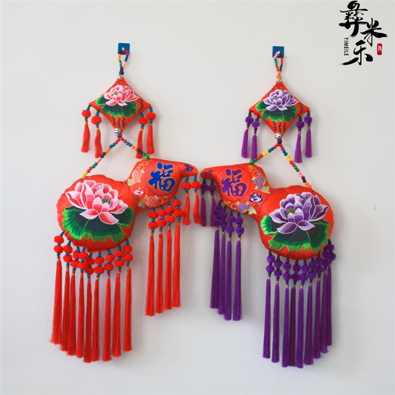 民族风刺绣葫芦壁挂布艺玄关挂饰大号圆形荷包挂件店铺餐馆装饰