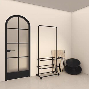 服装店橱窗展示架多层陈列架黑色哑光带玻璃层架挂衣架服装展示架