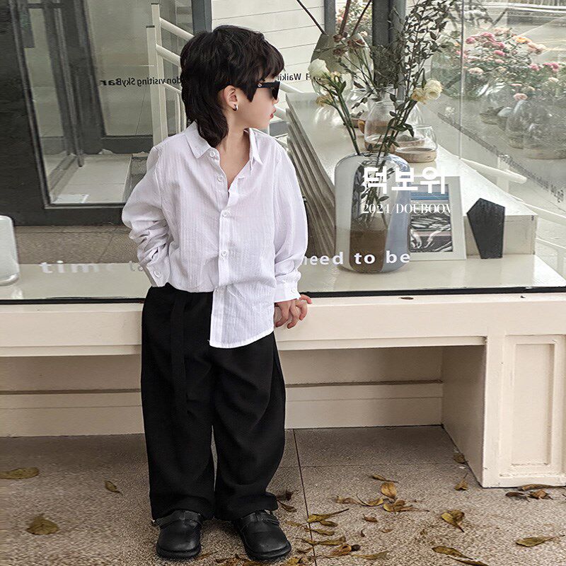 儿童长袖衬衫2024春季新款男童设计感白色衬衫高级宽松慵懒衬衣潮