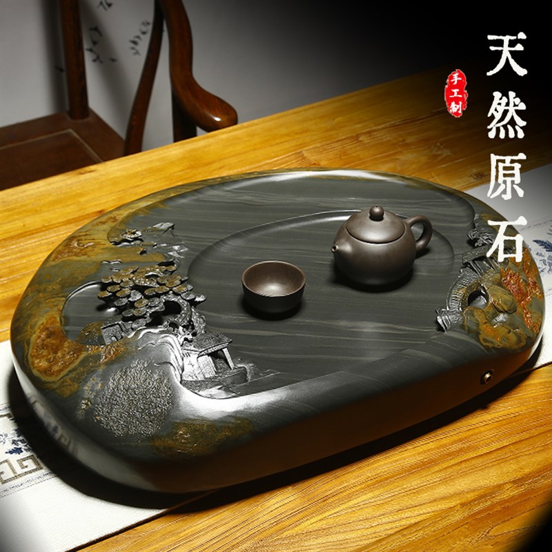 新款原石茶盘非遗歙砚整石多人家用茶台手工文房收藏排水端砚
