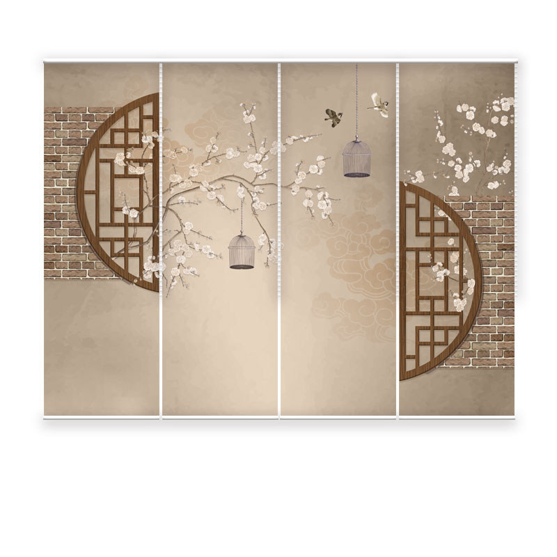 新中式透明卷帘窗帘屏风帘隔断帘挂式升降遮光帘子软隔断玄关花鸟