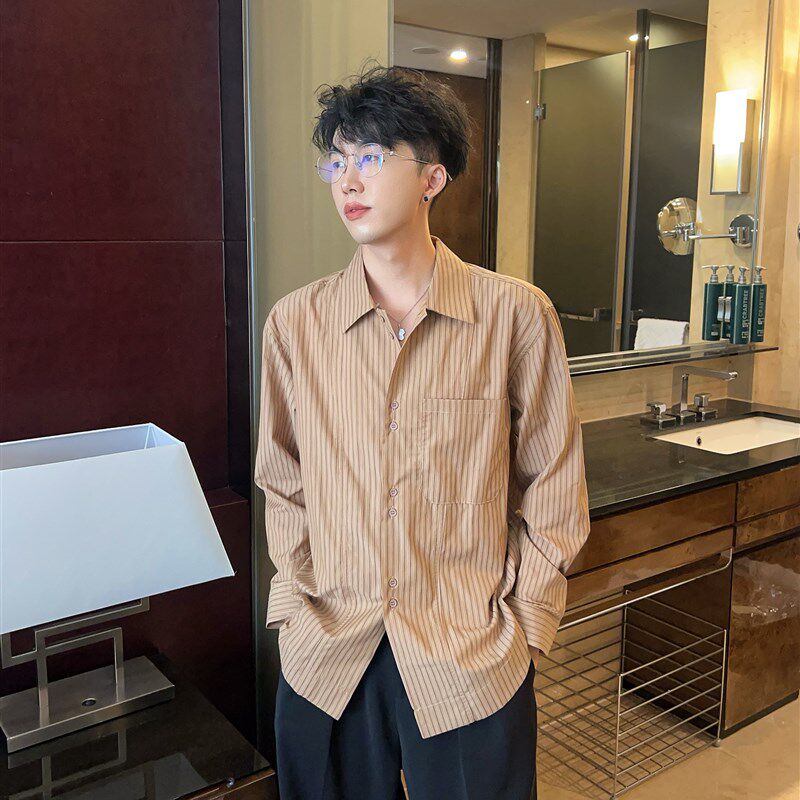 陈大富基础蓝色条纹长袖衬衫男士秋冬韩版宽松清新简约双纽扣衬衣