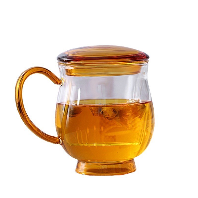 高硼硅玻璃彩色过滤三件杯茶水分离泡茶杯家用带盖透明办公水杯
