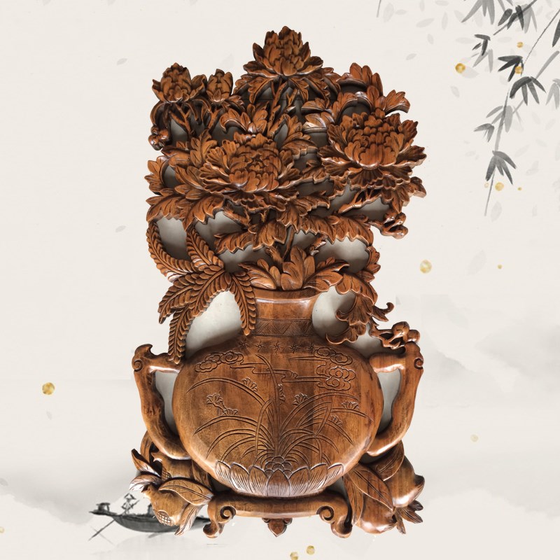 定制东阳c木雕镂空雕花板手工深雕中式挂画装饰画墙壁挂件牡丹荷