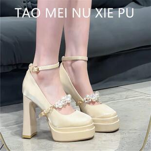 防水台玛丽珍绸面新娘婚r鞋女百搭不累脚粗跟单鞋珍珠一字带高跟