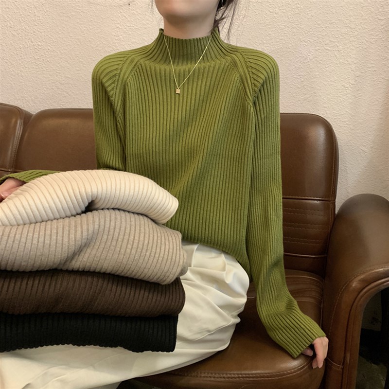 半高领毛衣女冬加厚2024新款洋气内搭外穿宽松慵懒V风坑条打底衫
