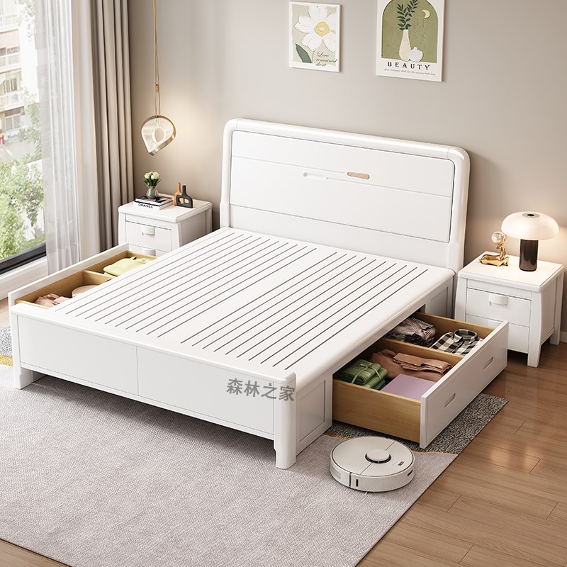 全实木床奶油风白色静音榫卯加厚床板1.8米主卧室储物简约气压床