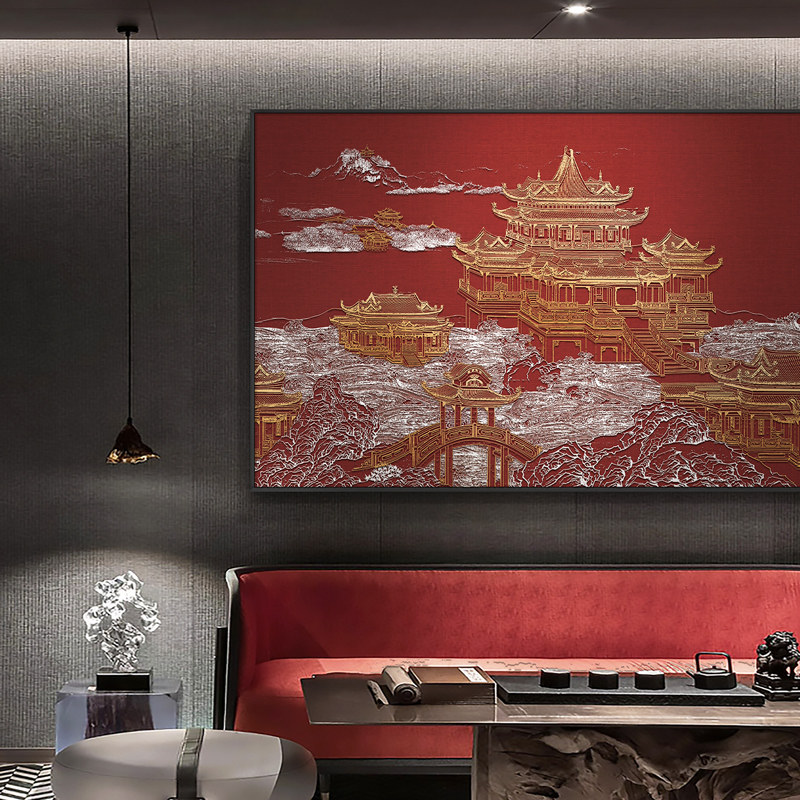 新中式餐厅背景墙装饰画5d立体浮雕酒店饭厅高级感大气壁挂画客厅