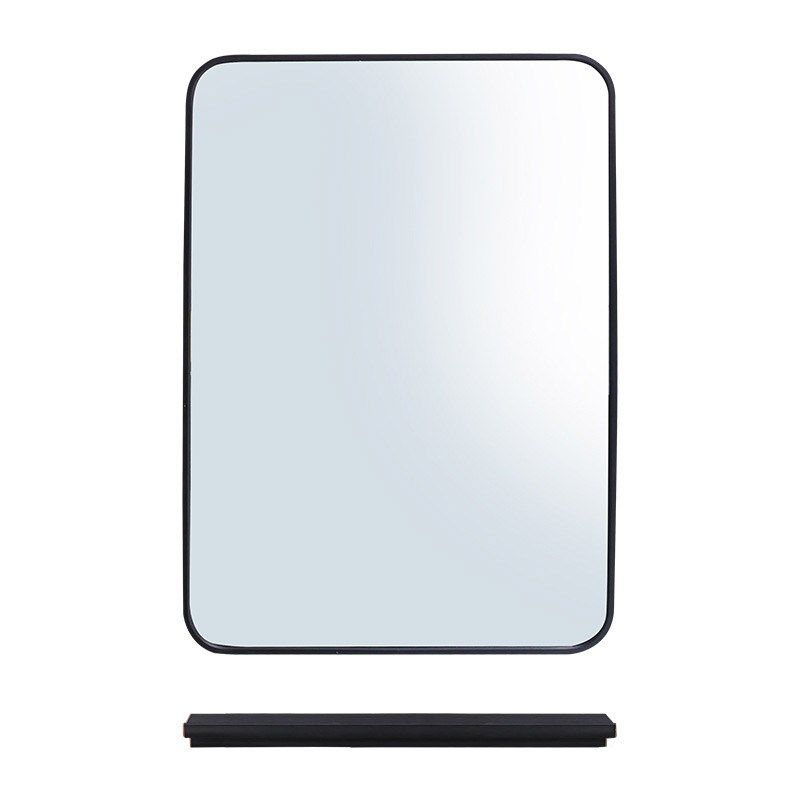 免打孔贴墙浴室镜子黑色方形壁挂厕所镜子带置物架贴墙自粘化妆镜